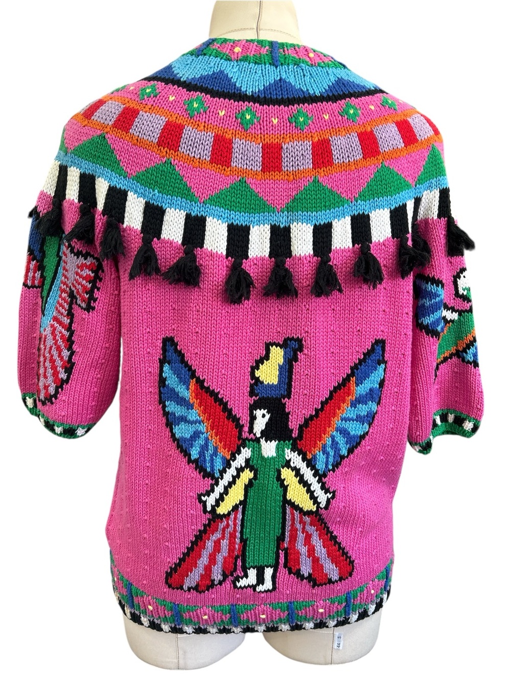80s hand knit Egyptian multicolored fringe button down sweater